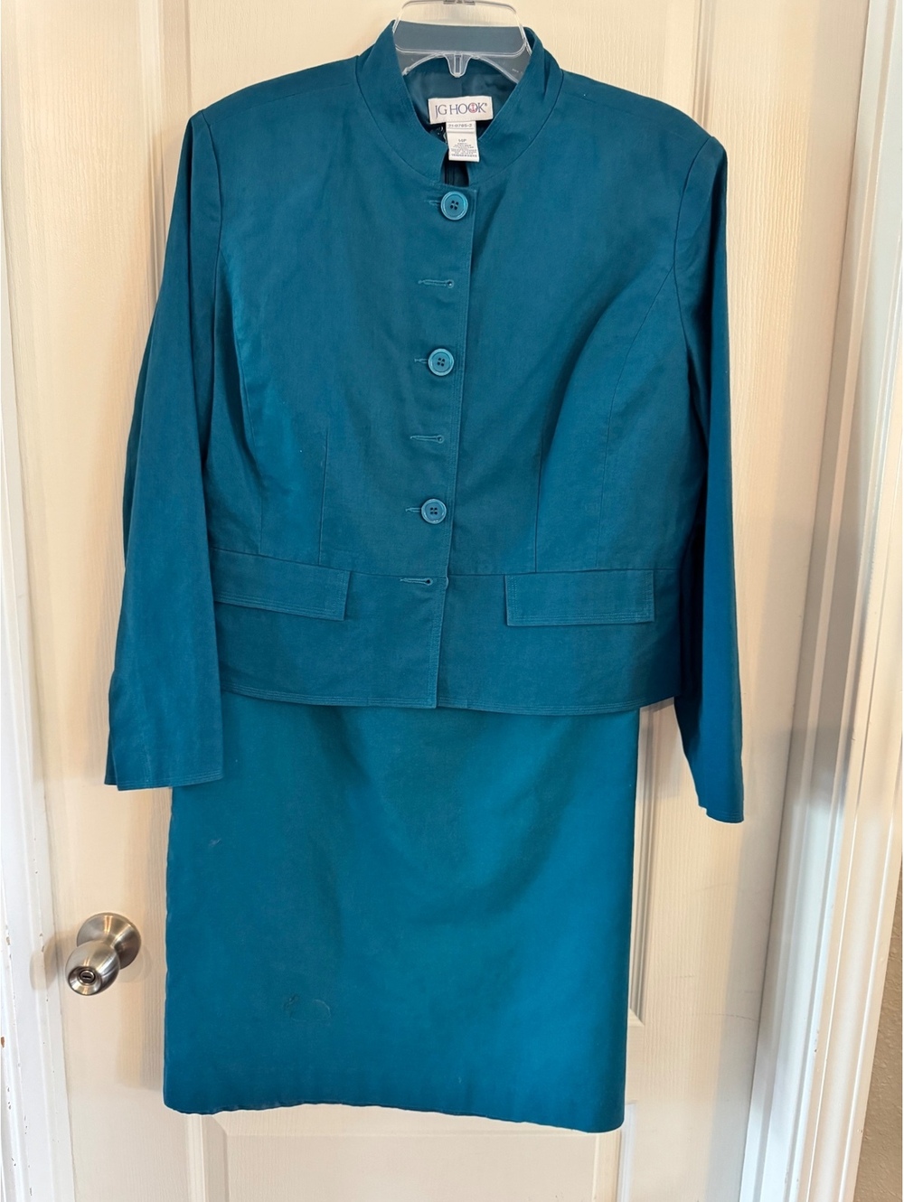 JG Hook Women's Teal Linen Cotton Skirt Suit Size 14P